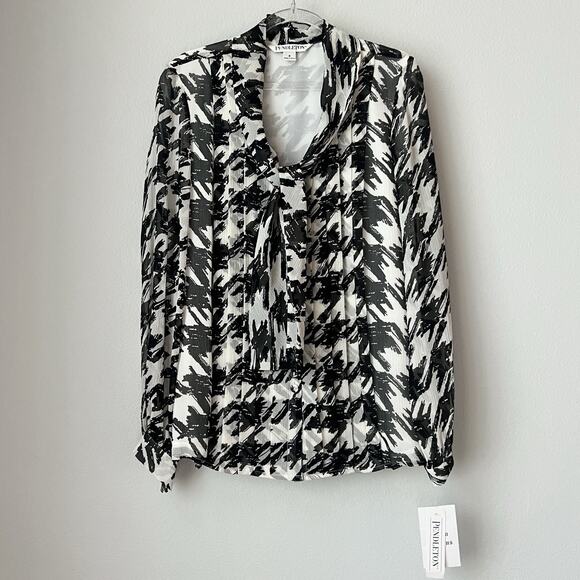 Pendleton Silk Secretary Black & White Blouse Houndstooth Tie Neck Office Sz 6 - Picture 15 of 16